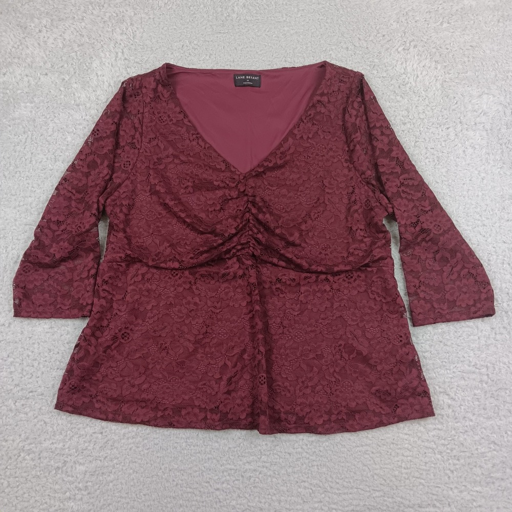 Lane Bryant Blouse Peplum Woman 16 Burgundy Floral Lace Cinched 1129094